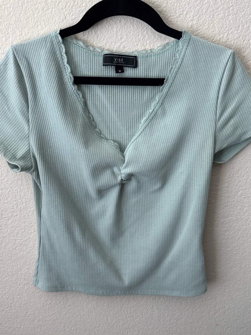 Mint Ribbed Lace-Trim V-Neck Top